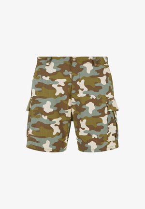 Pantaloni cargo in un motivo mimetico che presenta tonalità di verde, marrone, bianco e blu chiaro, realizzati in un tessuto textura con tasche laterali.