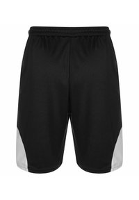 Schwarze Sportshorts mit elastischem Bund, ausgestattet mit grauen Seitenpaneelen und einem leichten, atmungsaktiven Stoff. Standardpassform.