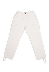 Pantalon cargo blanc avec taille élastique, fermeture bouton et cordon, poches latérales et liens réglables aux poignets de la cheville.