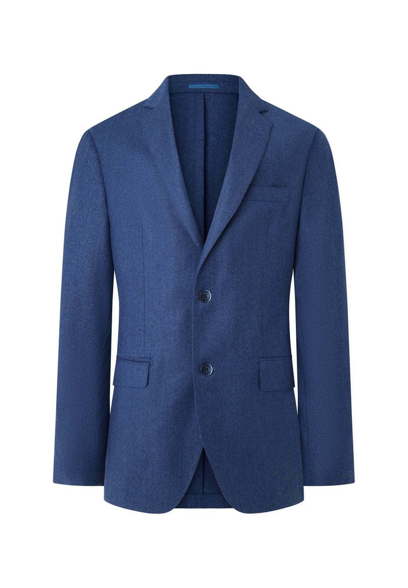 Marineblauwe blazer van gestructureerde stof, voorzien van twee knopen, geknopt revers en twee voorzakken met een borstzak.