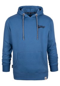 Blue hoodie made of soft fabric, featuring a front pocket, adjustable hood with black and white drawstrings, and a printed logo on the chest.