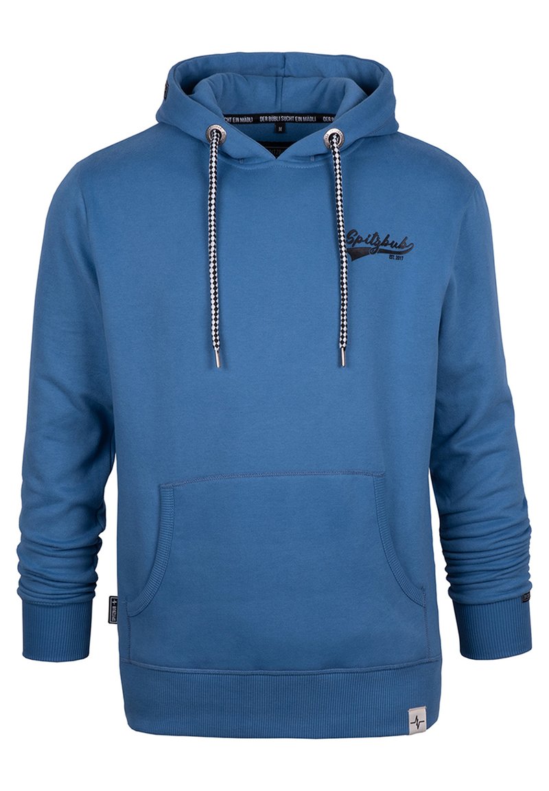 Blue hoodie made of soft fabric, featuring a front pocket, adjustable hood with black and white drawstrings, and a printed logo on the chest.