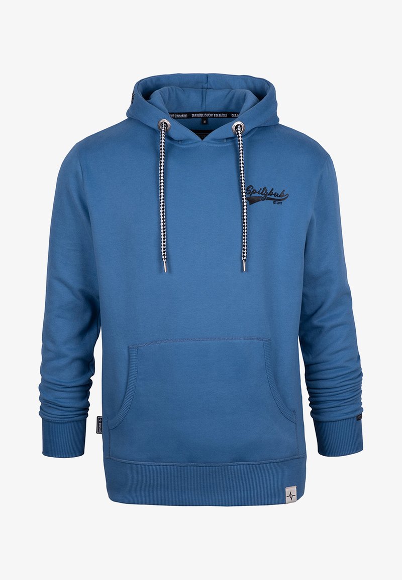 Blue hoodie made of soft fabric, featuring a front pocket, adjustable hood with black and white drawstrings, and a printed logo on the chest.