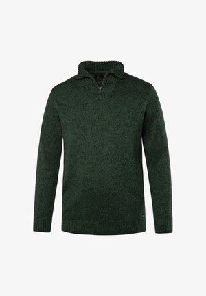 Donkergroene gebreide trui met een hoge kraag, halflange rits aan de voorkant, geribde manchetten en een gestructureerde stof. Heeft een subtiel gemêleerd patroon.