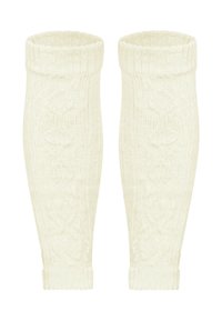 Gestrickte Armstulpen in Creme mit strukturiertem Zopfmuster, gerippten Bündchen und einer enganliegenden Passform. Weiches, dehnbares Material für Komfort.