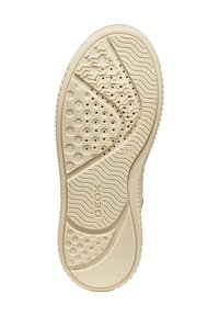 Suela de zapato de goma beige con patrones texturizados, que incluyen surcos ondulados, perforaciones circulares y un logo claramente visible.