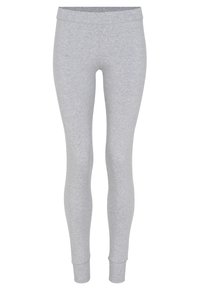 Grå bomuldsleggings med en tætsiddende design, bred taljeelastik og indsnævrende ben. Glat tekstur uden synlige mønstre eller dekorationer.