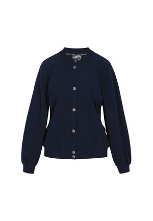 Granatowa kurtka bomberka, z okrągłym dekoltem, długimi rękawami i srebrnymi zatrzaskami z przodu; gładki materiał i luźny krój.