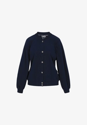 Marineblauwe bomberjack, met een ronde hals, lange mouwen en zilveren drukknoopjes aan de voorkant; gladde stof en een losse pasvorm.