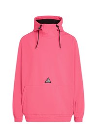 Roze pullover jas met een hoge nek, verstelbare trekkoordjes, een voorzak en elastische manchetten. Heeft een driehoekig logo op de borst.