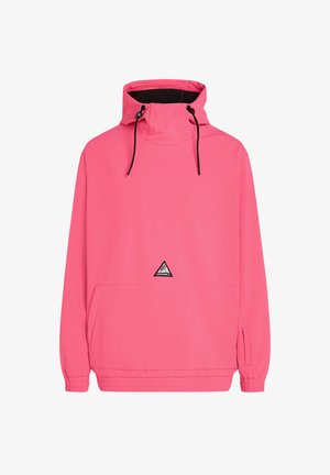 Pink pullover jacket with a high neck, adjustable drawstrings, front pocket, and elastic cuffs. Features a triangular logo on the chest.
