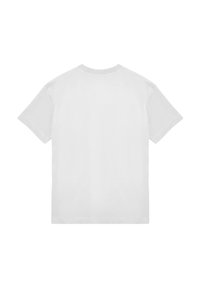 Bílý bavlněný tričko s kulatým výstřihem a krátkými rukávy, s hladkou texturou a minimalistickým designem, ukazující pohled ze zad.
