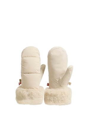 Paire de moufles isolantes couleur crème, avec des manchettes en fourrure moelleuse et de petites boucles sur les côtés, montrées de face et de dos.