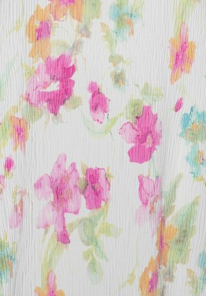 White textured fabric with a soft watercolor floral pattern in pink, orange, green, and blue shades.