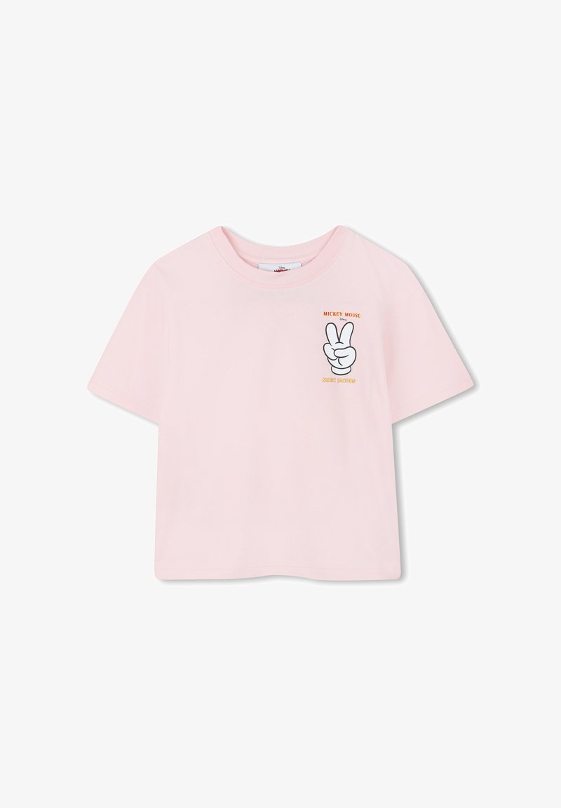 Pink cotton t-shirt with a round neckline and short sleeves. Features a Mickey Mouse peace sign graphic and "Mickey Mouse" text in orange.