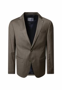 Brauner Herrenblazer mit Reverskragen, zwei Knöpfen, Klapptaschen und schwarzem Innenfutter, beschriftet "Pierre Cardin".