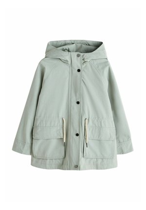 Hellgrüne Regenjacke mit Kapuze, vorderen Druckknöpfen, Taillen-Schnurzug und zwei großen Klappentaschen.