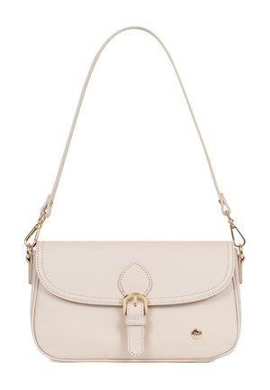 Borsa a tracolla in pelle beige con chiusura a patta, fibbia dorata, piccolo emblema logo dorato e tracolla regolabile con ganci dorati.