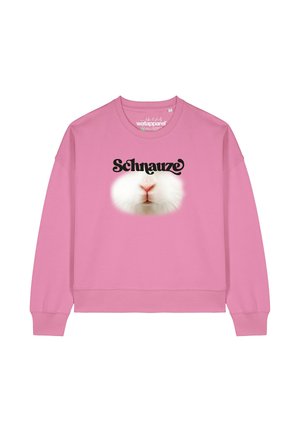 Roze sweatshirt met een ronde halslijn en lange mouwen, voorzien van een graphic van de neus van een witte konijn en "Schnauze" in vetgedrukte zwarte tekst.