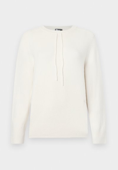 Cream-colored, soft knit sweater with round neckline, long sleeves, and adjustable drawstrings. Ribbed hem and cuffs provide texture.