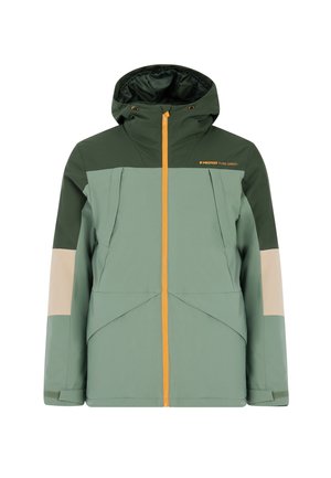 Groene en beige winterjas met capuchon, met een hoekig kleurblokontwerp, ritssluiting en gele ritsaccenten.