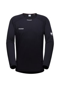 Zwarte langetermijnshirt gemaakt van lichtgewicht stof. Kenmerken zijn onder andere een ronde halslijn, platte naden, en een logo op de borst en mouw.