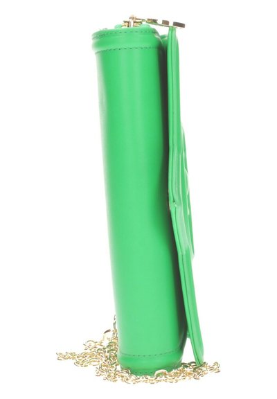 Heldere groene leren portemonnee met een metalen sluiting en een gouden ketting eraan bevestigd, staand op een witte achtergrond.