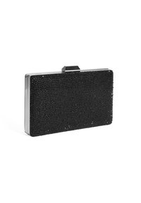 Zwarte clutch van getextureerd materiaal met strass-steentjes. Rechthoekige vorm met metalen accenten en een sluiting met gesp.