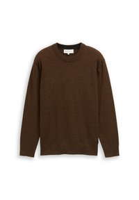 Brauner Pullover mit Rundhalsausschnitt, langen Ärmeln und gerippten Bündchen sowie Saum. Hergestellt aus einem strukturierten Stoff mit dezentem Muster.