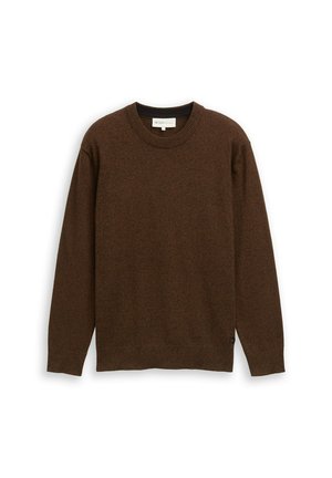 Pull marron à col rond, manches longues, avec des poignets et un ourlet côtelés. Fabriqué en tissu texturé avec un motif subtil.