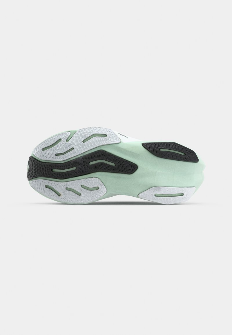 Sportst Schuhsohle mit Gummikomponenten; verfügt über eine mintgrüne Zwischensohle, strukturierte weiße und schwarze Gummilaufflächen, kurvenförmiges Design.