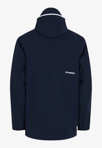 Navyblå hættejakke med lange ærmer, hvidt "Fundango"-logo på højre bagside og en hvid kant på hættens kant.