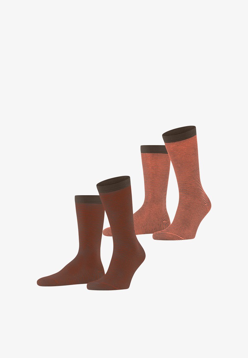 Pack of four socks in shades of brown and orange with a striped pattern, featuring a brown ribbed cuff at the top for comfort.