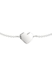 Silver heart-shaped bracelet featuring a smooth, polished finish, with a delicate chain and a minimalist design.