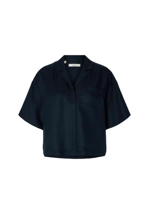 Donkerblauw overhemd met korte mouwen, knoopsluiting, een kraag en een borstzak, getoond tegen een effen witte achtergrond.