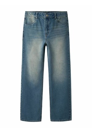 Lichtblauwe denim jeans met een losse pasvorm, rechte broekspijpen en vervaagde secties. Bevat vijf zakken en een ritssluiting aan de voorkant.