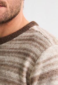 Strickpullover mit strukturierten Streifen in Braun- und Beigetönen, mit einem kontrastierenden gerippten Halsausschnitt in Dunkelbraun.
