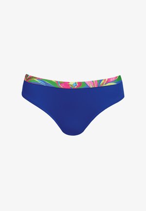Niebieskie majtki bikini z kolorowym, kwiatowym pasem. Gładka tekstura, niski krój i minimalne detale szwów.