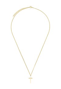 Collier en chaîne dorée avec un pendentif croix simple. La chaîne est texturée avec un design de maillons fins, et le pendentif est lisse avec une finition polie.