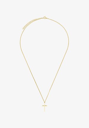 Gouden ketting met een eenvoudige kruisbedel. De ketting heeft een textuur met een fijn schakelontwerp, en de bedel is glad met een gepolijste afwerking.