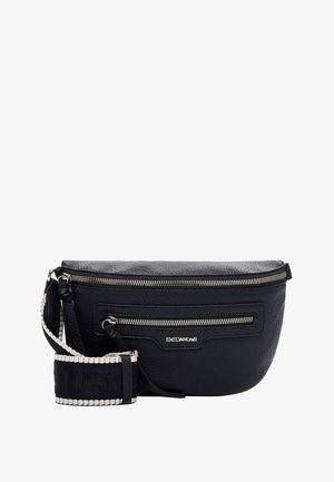 Schwarze Taillentasche aus strukturiertem Leder mit zwei silbernen Reißverschlüssen und einem breiten, schwarz-weißen, verstellbaren Riemen, Marke "EMILY & NOAH".