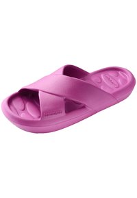 Pink cross-strap sandals with a textured sole, made from flexible material. Features rounded edges and an open design for breathability.