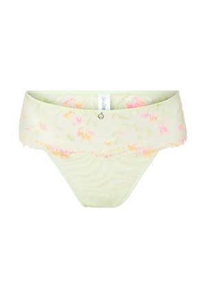 Jasnozielona koronkowa stringi z kwiatowym wzorem w różowym i pomarańczowym kolorze. Posiadają miękki pas w talii oraz delikatne falbane krawędzie. Mały, srebrny akcent dekoracyjny.