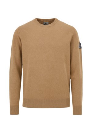 Maglione marrone a maglia con scollatura a girocollo, polsini e orlo a coste, e una toppa con il logo sulla manica sinistra. Tessuto morbido e vestibilità regolare.