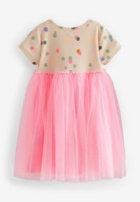 Robe pour tout-petit à manches courtes beige avec un haut à pois multicolores et une jupe pleine en tulle rose superposée.