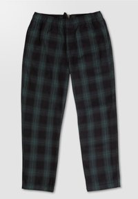 Pantalon de pyjama à carreaux noir et turquoise en tissu doux, doté d'une taille élastique et d'une coupe droite.