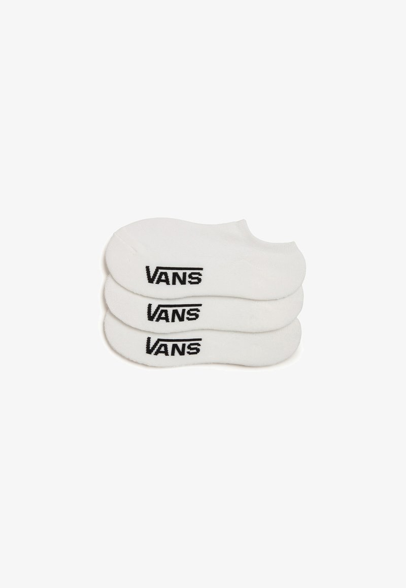White crew socks made of cotton blend, featuring a black "VANS" logo. The set includes three pairs with a low-cut design.
