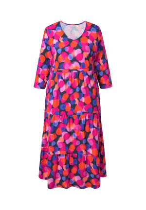 Vícebarevné šaty s výstřihem do V, tříčtvrtečními rukávy a vrstveným designem. Vyznačují se živým vzorem růžových, modrých a oranžových puntíků.