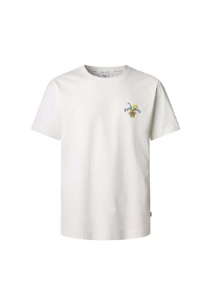 White cotton t-shirt featuring a round neckline and short sleeves. Embroidered design with "Pepe Jeans London" and a colorful drink graphic.