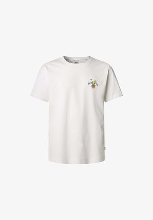 Valge puuvillane T-särk ümmarguse kaeluse ja lühikeste varrukatega. Tikandiga disain "Pepe Jeans London" ja värviline joogi graafika.